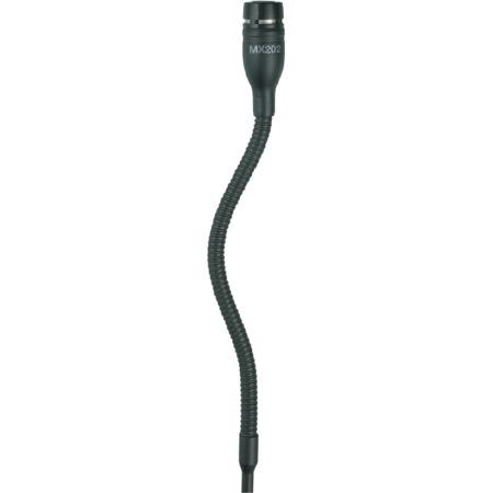 Миниатюрный театрально-хоровой кардиоидный микрофон SHURE MX202BP/C на гибком креплении (10см) c шнуром 9м. Black mini-condenser microphone; includes cable and plate-mounted preamplifier. Комплект поставки включает , микрофон черного цвета , кабель и пред