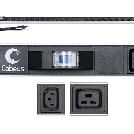 Cabeus, PDU-16-14C13-10C19-B-C14, блок розеток для 19" шкафов, вертикальный, 10 розеток IEC 320 C19, 14 розеток IEC 320 C13, 10А, автомат защиты, алюминиевый корпус, шнур с вилкой IEC 320 С14 2м