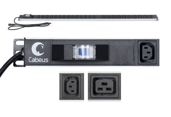 Cabeus, PDU-16-14C13-10C19-B-C14, блок розеток для 19" шкафов, вертикальный, 10 розеток IEC 320 C19, 14 розеток IEC 320 C13, 10А, автомат защиты, алюминиевый корпус, шнур с вилкой IEC 320 С14 2м Cabeus, PDU-16-14C13-10C19-B-C14, блок розеток для 19" шкафов, вертикальный, 10 розеток IEC 320 C19, 14 розеток IEC 320 C13, 10А, автомат защиты, алюминиевый корпус, шнур с вилкой IEC 320 С14 2м