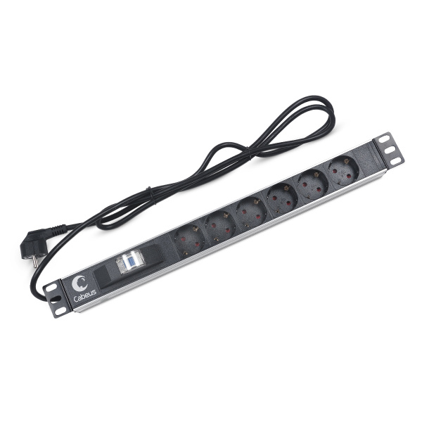Cabeus, PDU-6P-B-2EU, блок евророзеток для 19" шкафов, горизонтальный, 6 розеток, автомат защиты , шнур 2м, алюминиевый корпус, немецкий стандарт Cabeus, PDU-6P-B-2EU, блок евророзеток для 19" шкафов, горизонтальный, 6 розеток, автомат защиты , шнур 2м, алюминиевый корпус, немецкий стандарт
