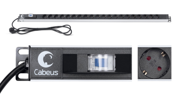 Cabeus, PDU-16-20S-B, блок розеток для 19" шкафов, вертикальный, 20 розеток Schuko, 16А, автомат защиты, алюминиевый корпус, шнур с вилкой Schuko 2 м Cabeus, PDU-16-20S-B, блок розеток для 19" шкафов, вертикальный, 20 розеток Schuko, 16А, автомат защиты, алюминиевый корпус, шнур с вилкой Schuko 2 м