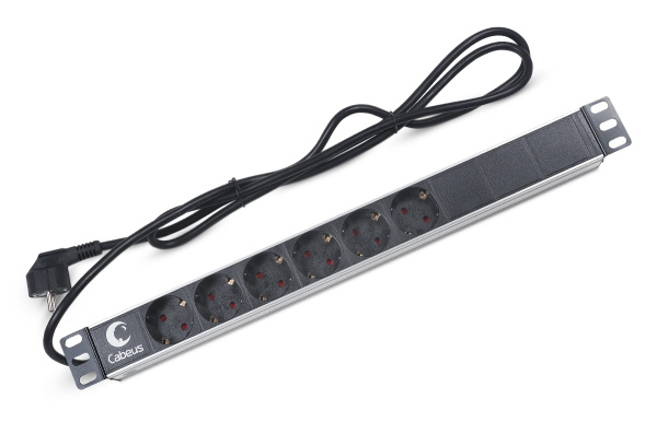 Cabeus, PDU-6P-2EU, блок евророзеток для 19" шкафов, горизонтальный, 6 розеток, 16 A, без выключателя, шнур 2м, алюминиевый корпус, немецкий стандарт Cabeus, PDU-6P-2EU, блок евророзеток для 19" шкафов, горизонтальный, 6 розеток, 16 A, без выключателя, шнур 2м, алюминиевый корпус, немецкий стандарт