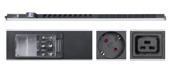 Cabeus, PDU-16-10S-10C19-B-T, блок розеток для 19" шкафов, вертикальный, 10 розеток Schuko, 10 розеток IEC 320 C19, 16А, автомат защиты, алюминиевый корпус, клеммная колодка Cabeus, PDU-16-10S-10C19-B-T, блок розеток для 19" шкафов, вертикальный, 10 розеток Schuko, 10 розеток IEC 320 C19, 16А, автомат защиты, алюминиевый корпус, клеммная колодка