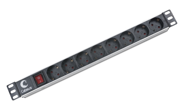 Cabeus, PDU-8P, блок евророзеток для 19" шкафов, горизонтальный, 8 розеток, 10 A, выключатель, гнездо под шнур, алюминиевый корпус Cabeus, PDU-8P, блок евророзеток для 19" шкафов, горизонтальный, 8 розеток, 10 A, выключатель, гнездо под шнур, алюминиевый корпус