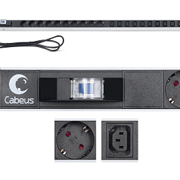 Cabeus, PDU-16-10S-10C13-B, блок розеток для 19" шкафов, вертикальный, 10 розеток Schuko, 10 розеток IEC 320 C13, 16А, автомат защиты, алюминиевый корпус, шнур с вилкой Schuko 2 м