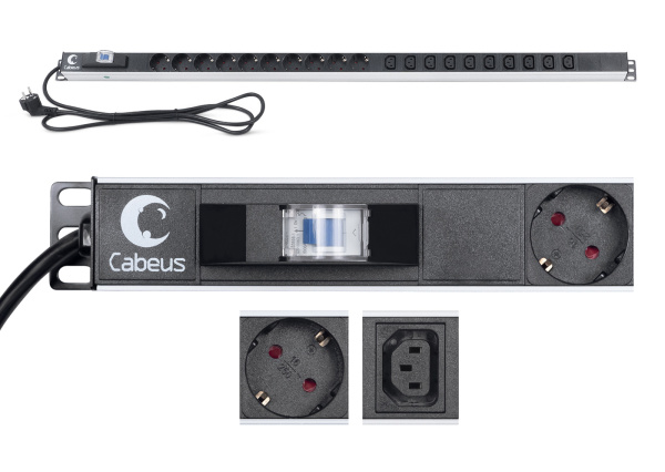 Cabeus, PDU-16-10S-10C13-B, блок розеток для 19" шкафов, вертикальный, 10 розеток Schuko, 10 розеток IEC 320 C13, 16А, автомат защиты, алюминиевый корпус, шнур с вилкой Schuko 2 м Cabeus, PDU-16-10S-10C13-B, блок розеток для 19" шкафов, вертикальный, 10 розеток Schuko, 10 розеток IEC 320 C13, 16А, автомат защиты, алюминиевый корпус, шнур с вилкой Schuko 2 м