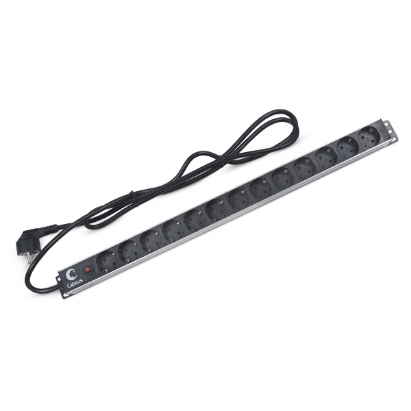 Cabeus, PDU-13P-F-2EU, блок евророзеток для 19" шкафов, 13 розеток, фильтр, 16 A, без выключателя, шнур 2м, алюминиевый корпус, немецкий стандарт Cabeus, PDU-13P-F-2EU, блок евророзеток для 19" шкафов, 13 розеток, фильтр, 16 A, без выключателя, шнур 2м, алюминиевый корпус, немецкий стандарт
